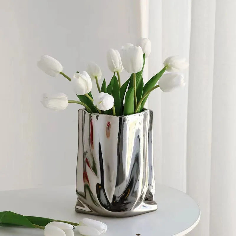 Silver Bloom — Ruffled Ceramic Vase